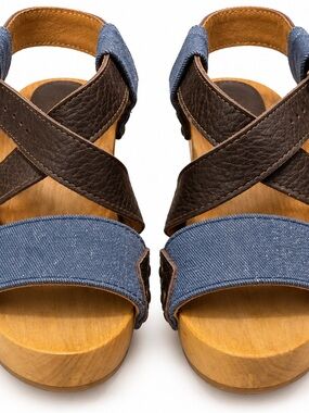 Sundance Sanita Brown Leather & Blue Denim Heeled Sandals Excellent Condition